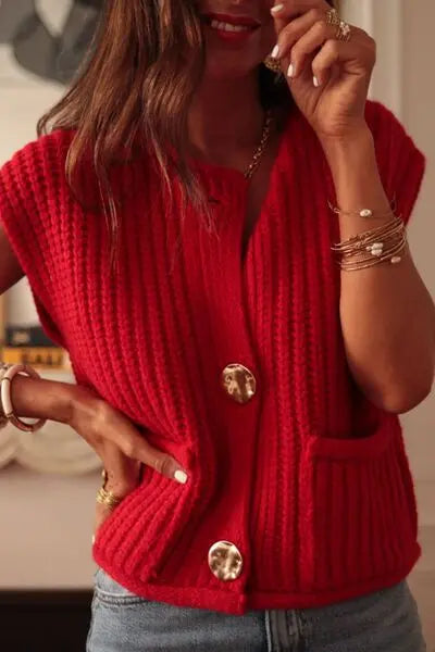 'Ella' Creme Knit Gold Button Sweater Vest - Celes Fashion